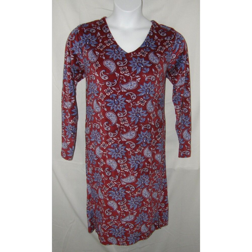 Burgundy Paisley Sz Large Soft Stretchy Velour Comfy Lounge Night Gown Pockets